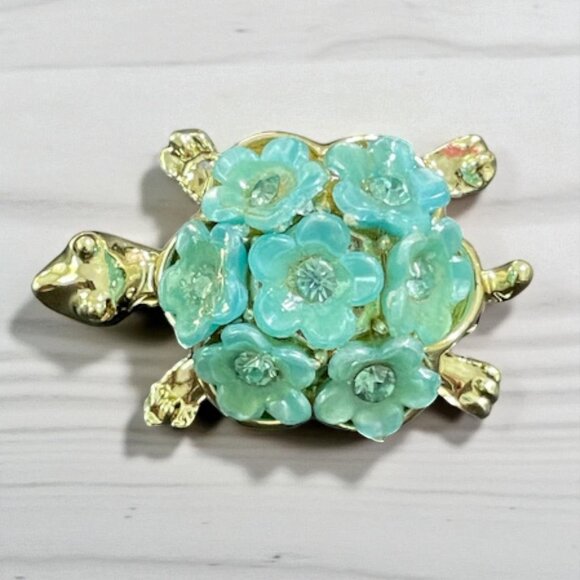 Vintage Blue Flower Gold Tone Turtle Brooch 1960s Cute Figural Pin - Picture 10 of 15